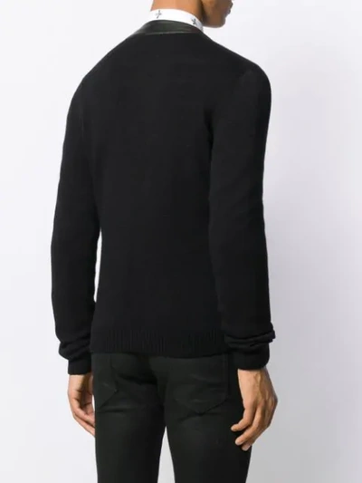 Shop Saint Laurent Leather Trim V-neck Cardigan In Black