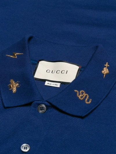 Shop Gucci Embroidered Collar Polo Shirt In Blue