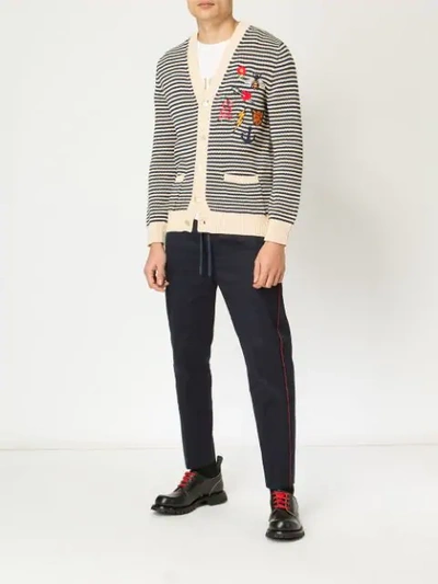 Shop Gucci Embroidered Details Striped Cardigan In Neutrals