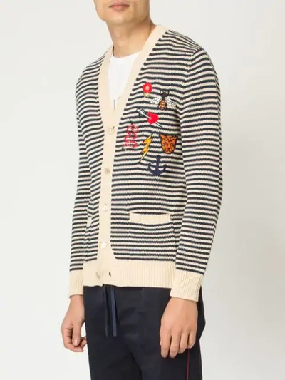 Shop Gucci Embroidered Details Striped Cardigan In Neutrals