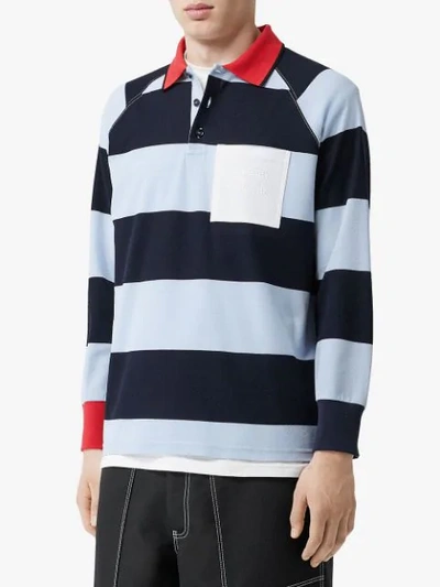 Shop Burberry Long-sleeve Striped Cotton Piqué Polo Shirt In Pale Blue/navy S