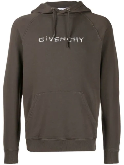 Shop Givenchy Embroidered Logo Hoodie In Grey
