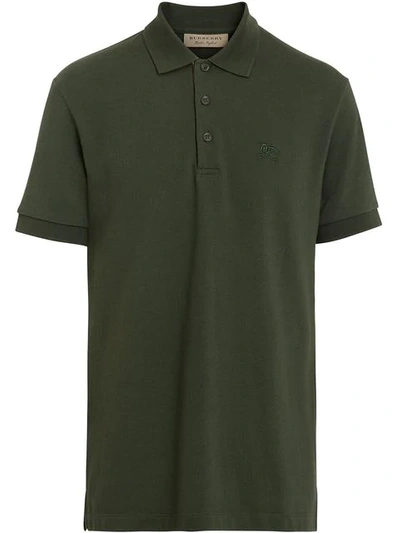 Shop Burberry Check Placket Cotton Polo Shirt In Green