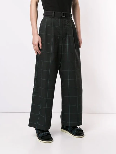 Shop Sacai Wide Leg Check Trousers In Blue