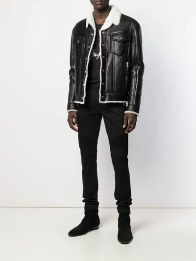 Shop Balmain Shearling Bomber Jacket In Black