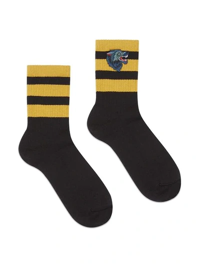 Shop Gucci Embroidered Wolf Socks In 1060  Black