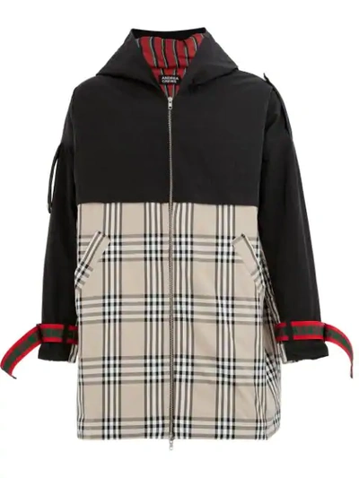 Shop Andrea Crews Check Panel Coat In Black