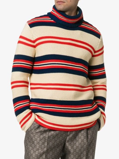 Shop Gucci Rear Appliqué Striped Sweater In Red