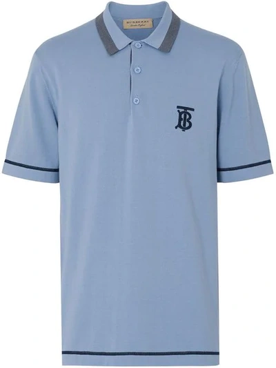 Shop Burberry Monogram Motif Tipped Cotton Jersey Polo Shirt In Blue