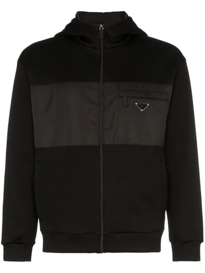 Shop Prada Zip Up Hooded Jumper In F0002 Black