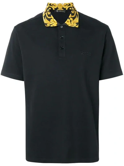 Shop Versace Printed Collar Polo Shirt In Black