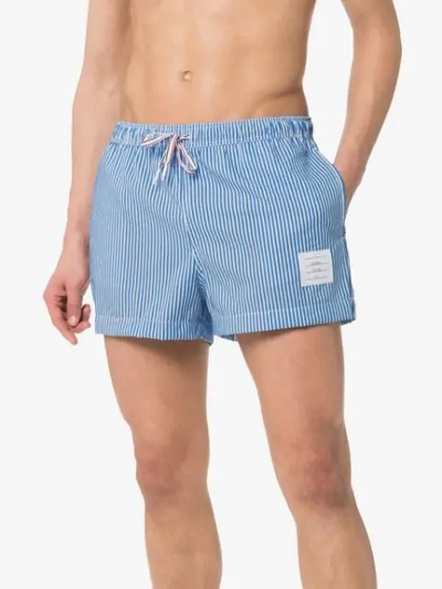 Shop Thom Browne Stripe Print Swim Shorts In Blue