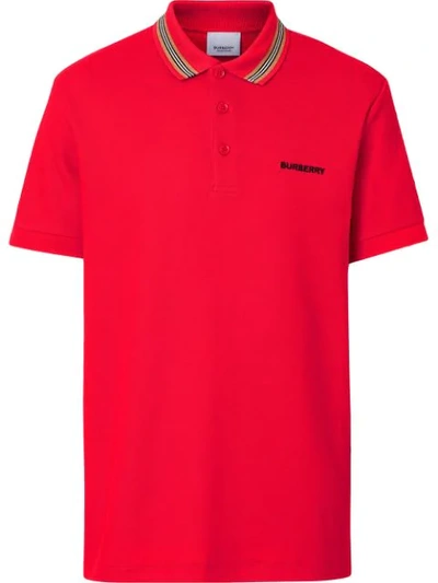 Shop Burberry Icon Stripe Detail Cotton Piqué Polo Shirt In Red