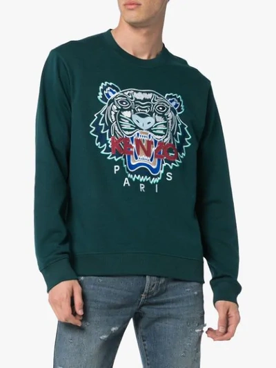Shop Kenzo Tiger Embroidered Cotton Sweatshirt In Green