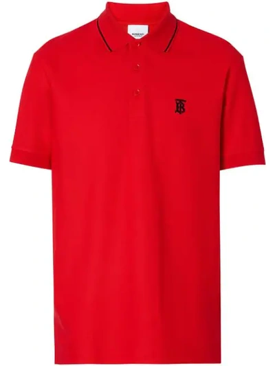 Shop Burberry Icon Stripe Placket Cotton Piqué Polo Shirt In Bright Red