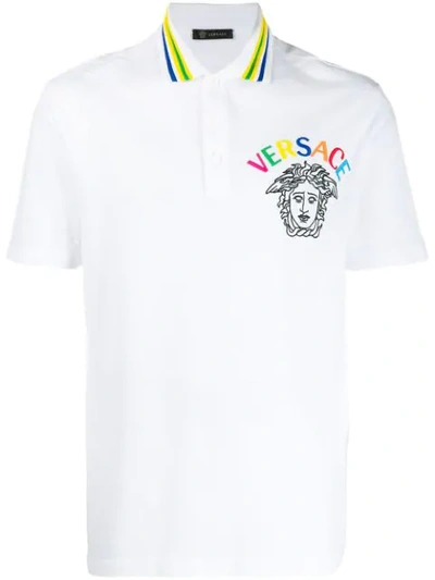 Shop Versace Embroidered Medusa Polo Shirt In White