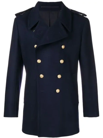 Shop Kent & Curwen Double Breasted Midi Coat In Blue