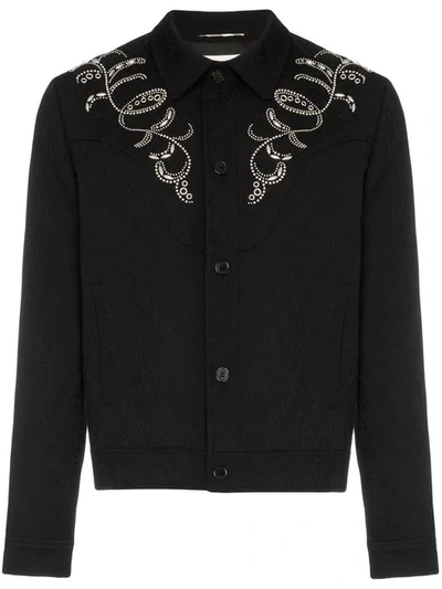 Shop Saint Laurent Teddy Western Style Embroidered Jacquard Print Denim Jacket In 1000 Black