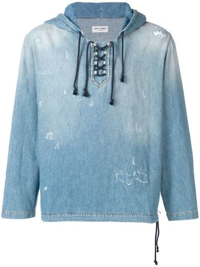 Shop Saint Laurent Destroyed Denim Hoodie In Blue