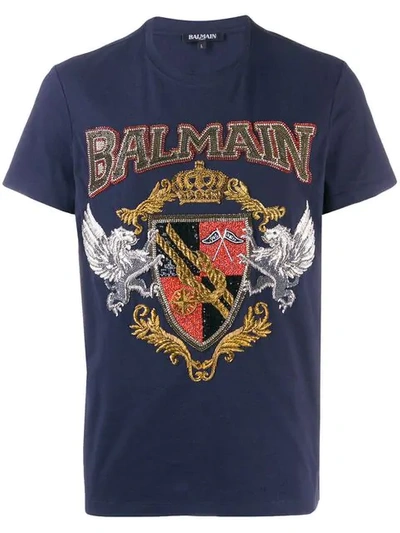 Shop Balmain Embroidered Crest T-shirt - Blue
