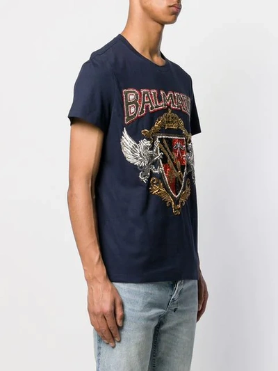 Shop Balmain Embroidered Crest T-shirt - Blue
