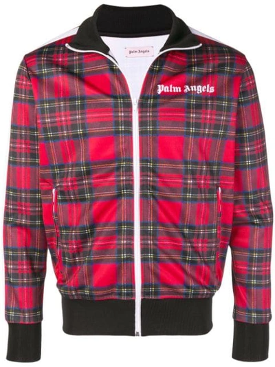 Shop Palm Angels Tartan Zipped Bomber Jacket In Red