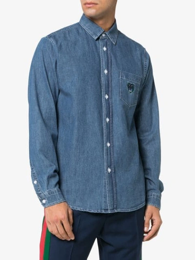 Shop Kenzo Tiger Embroidered Denim Shirt In Blue