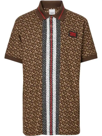 Shop Burberry Monogram Stripe Print Cotton Piqué Polo Shirt In Brown