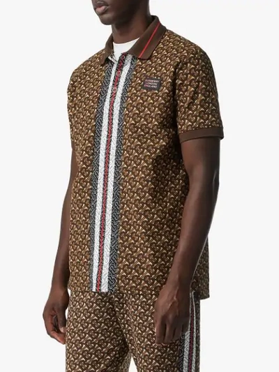 Shop Burberry Monogram Stripe Print Cotton Piqué Polo Shirt In Brown