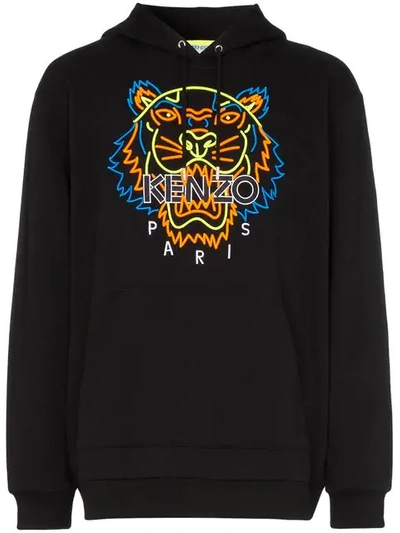 Shop Kenzo Neon Tiger Embroidered Hooded Cotton Jumper In Black