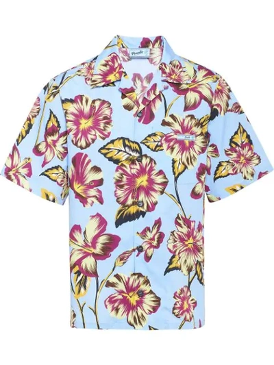 Shop Prada Hibiscus Pattern Bowling Shirt In Blue