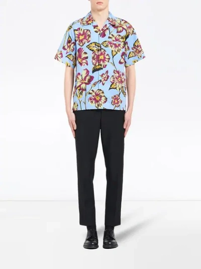 Shop Prada Hibiscus Pattern Bowling Shirt In Blue