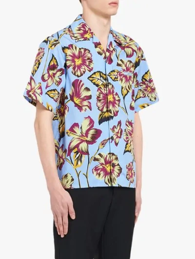 Shop Prada Hibiscus Pattern Bowling Shirt In Blue