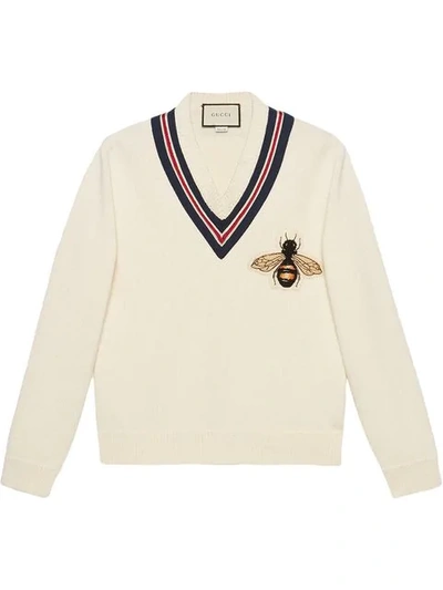 Shop Gucci Wool Sweater With Bee Appliqué In White