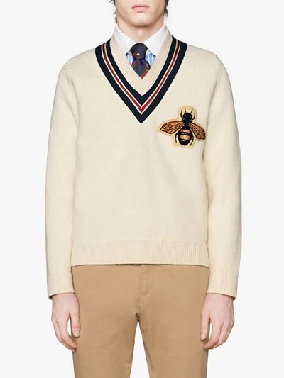 Shop Gucci Wool Sweater With Bee Appliqué In White