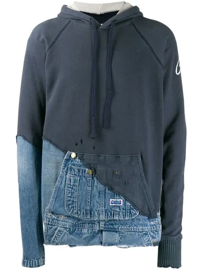 Shop Greg Lauren Fabric And Denim Hooded Jacket In Blue