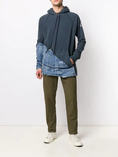 Shop Greg Lauren Fabric And Denim Hooded Jacket In Blue