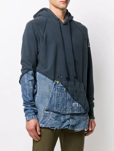 Shop Greg Lauren Fabric And Denim Hooded Jacket In Blue