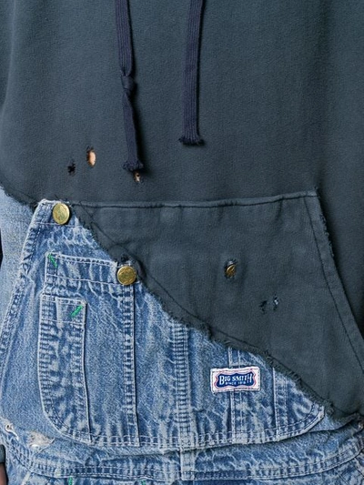 Shop Greg Lauren Fabric And Denim Hooded Jacket In Blue