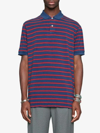 Shop Gucci Striped Cotton Polo In 4454 Blue