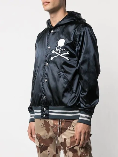 Shop Mastermind Japan Skull Print Hooded Bomber Jacket In Navy