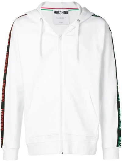 Shop Moschino Logo Band Zipped Hoodie In White