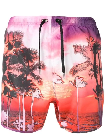 Shop Neil Barrett Palm Tree Swimming Shorts In Pink