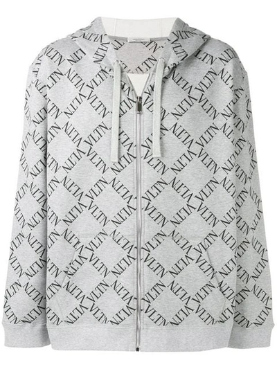 Shop Valentino Vltn Grid Print Zipped Hoodie In Grey