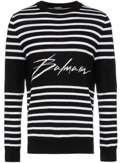 Shop Balmain Striped Logo Knit Jumper In Black