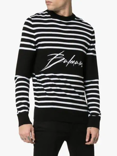 Shop Balmain Striped Logo Knit Jumper In Black