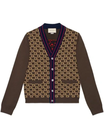 Shop Gucci Square G Cardigan With Tiger In Brown