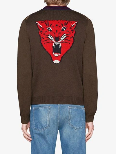 Shop Gucci Square G Cardigan With Tiger In Brown