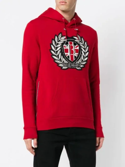 Shop Balmain Embroidered Logo Patch Hoodie In Red