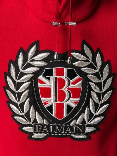 Shop Balmain Embroidered Logo Patch Hoodie In Red